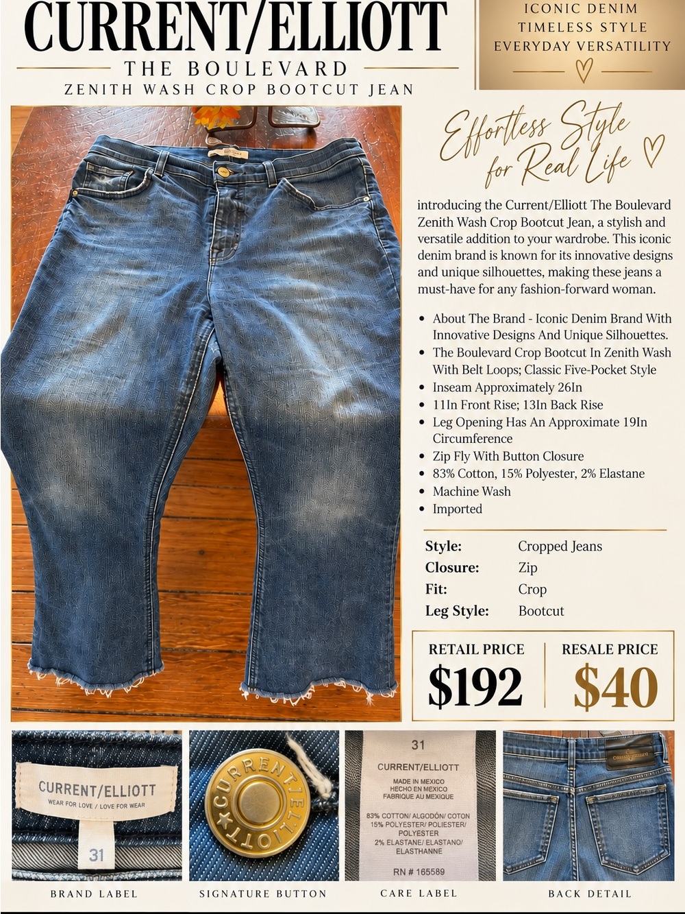 Current/Elliott Distressed Zenith Wash Crop Bootcut Jeans - Blue